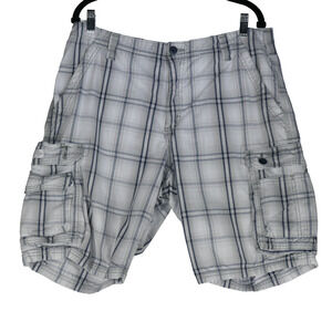 Lee Cargo Shorts Mens Size 36 x10 Pockets 100% Cotton Gray Blue Plaid Bermuda